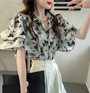 VILZSTUDIOS Light Butterfly Print Short-Sleeve Blouse
