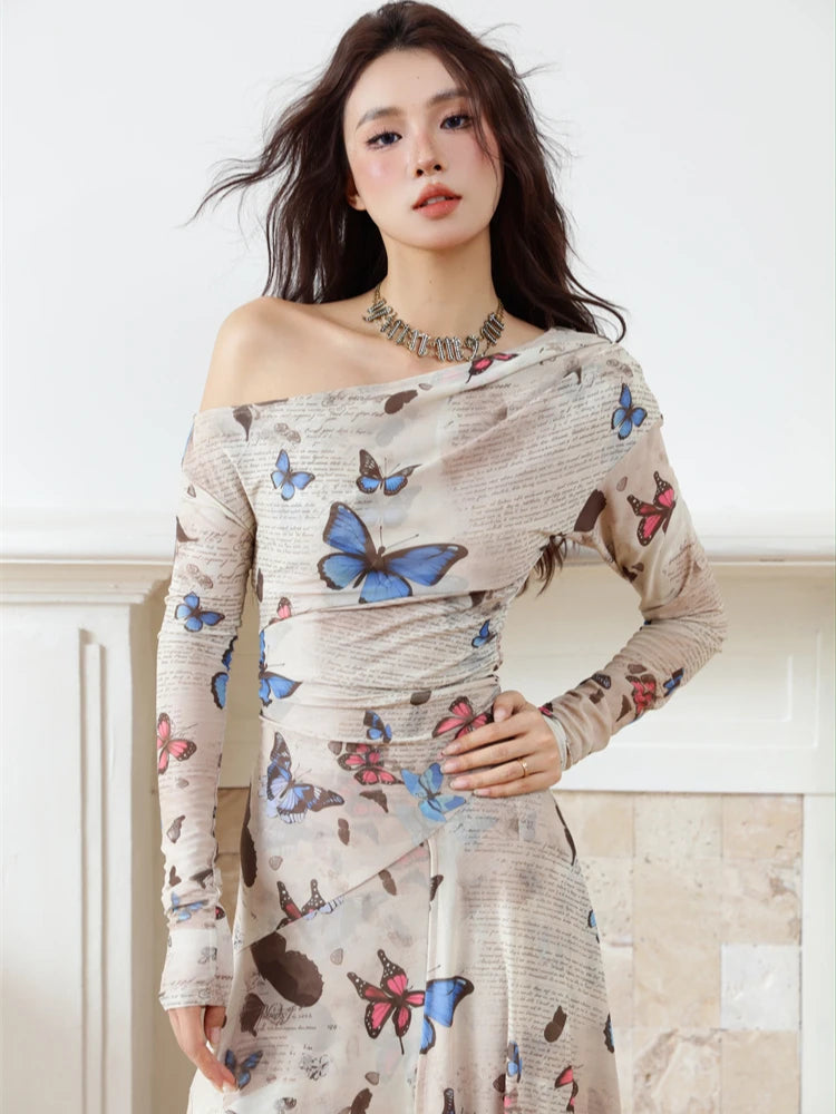 VILZSTUDIOS Butterfly Print Off Shoulder Mesh Dress
