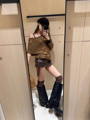 VILZSTUDIOS Vintage Distressed Brown PU Leather Skirt