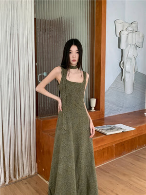 VILZSTUDIOS Elegant Green Vintage Jacquard Backless Midi Dresses