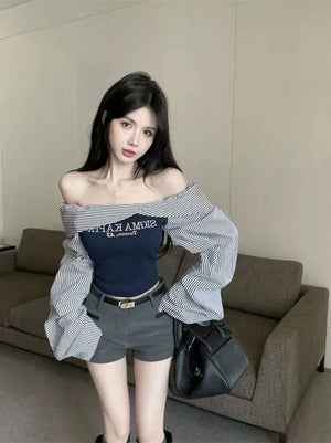 VILZSTUDIOS Chic Slim Striped Sleeves T-Shirt