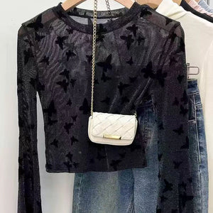 VILZSTUDIOS Lace Butterfly Embroidered Mesh Crop Top