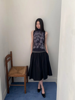 VILZSTUDIOS Floral Black Sleeveless Turtleneck Tank Top