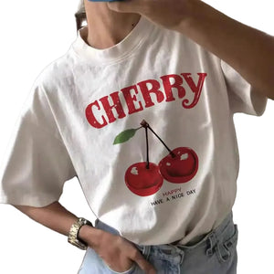 VILZSTUDIOS Cherry Floral Print Round Neck T-Shirt