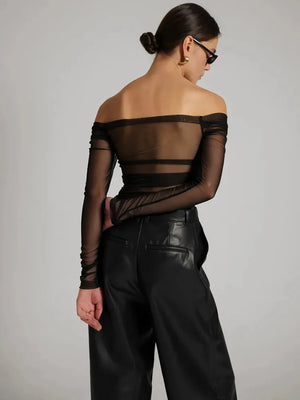 VILZSTUDIOS Elegant Mesh Off Shoulder Pleated T-Shirt