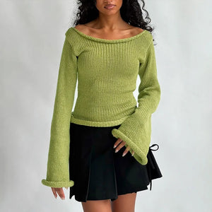 VILZSTUDIOS Chic Off-Shoulder Flare Sleeved Knitted Sweater