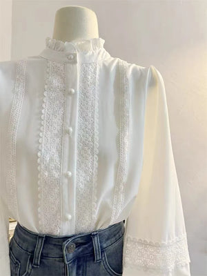 VILZSTUDIOS Lace Splicing Patchwork Stand Neck Shirt