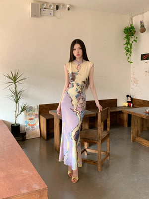 VILZSTUDIOS Elegant Vintage Floral Mesh Sleeveless Dress