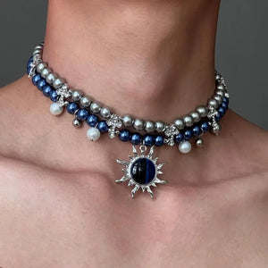 VILZSTUDIOS Gothic Blue Grey Pearl Bead Necklace
