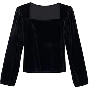 VILZSTUDIOS Black Velvet Square Neck Blouse