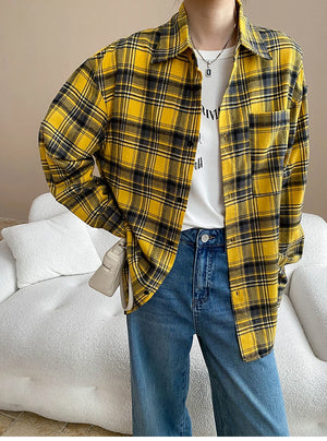 VILZSTUDIOS Yellow Plaid Oversized Loose Fit Shirt