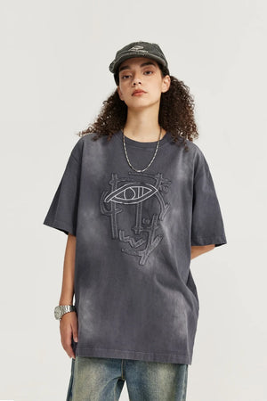 VILZSTUDIOS Acid Washed Patch Embroidery Oversize T-Shirt