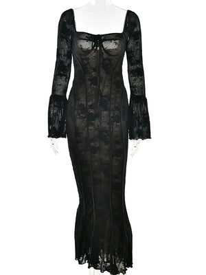 VILZSTUDIOS Elegant Black Lace Up Maxi Dress