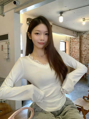 VILZSTUDIOS Chic Lace V-Neck Slim Long Sleeve Top