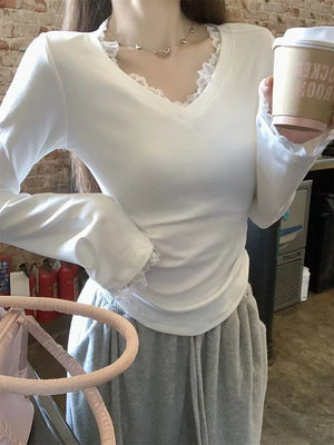 VILZSTUDIOS Chic Lace V-Neck Slim Long Sleeve Top