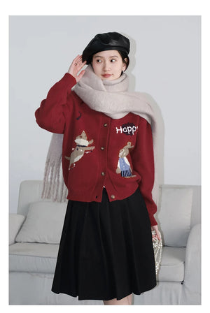 VILZSTUDIOS Retro Jacquard Happy Bear Cardigan