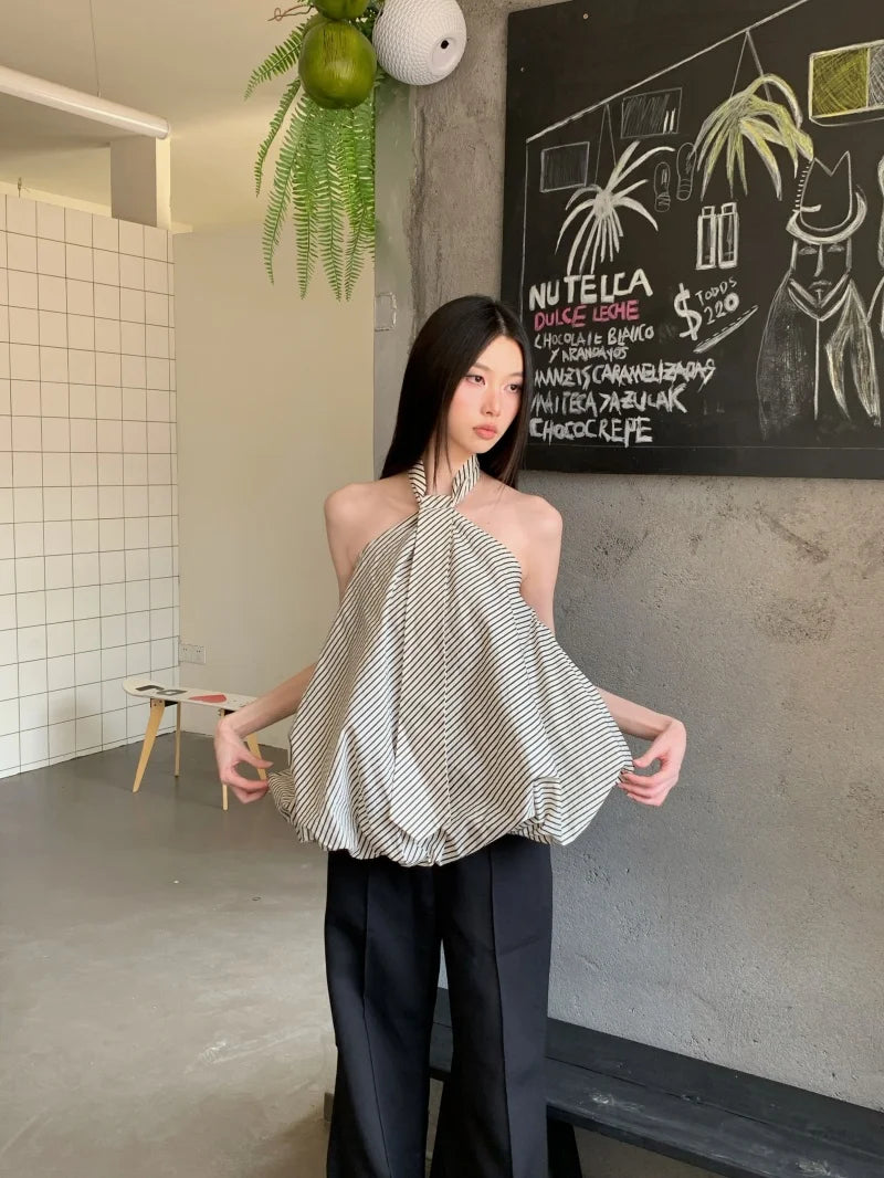 VILZSTUDIOS Halter Neck Puffy Striped Top