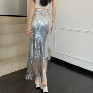 VILZSTUDIOS Sequin Tassel Bodycon High Waist Skirt