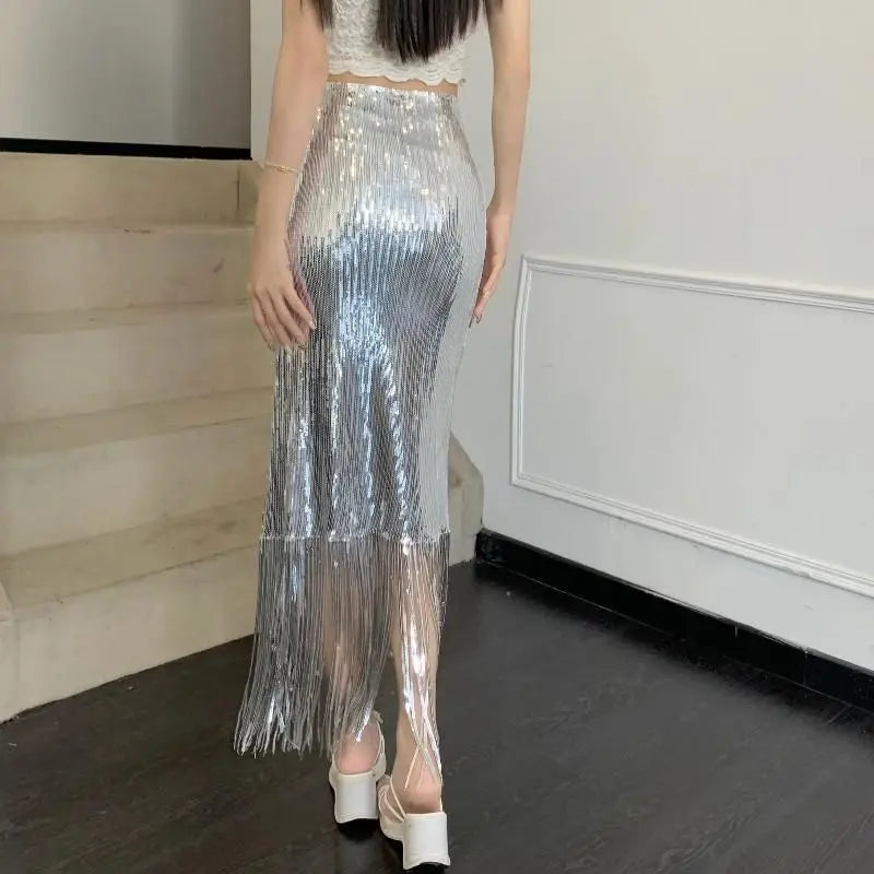 VILZSTUDIOS Sequin Tassel Bodycon High Waist Skirt