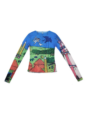 VILZSTUDIOS Sheer Mesh Long Sleeve Graphic T-Shirt