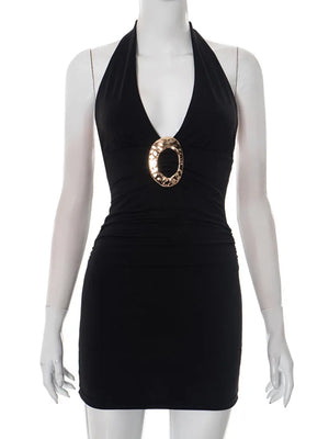 VILZSTUDIOS Metal Ring Halter Deep V-Neck Dress