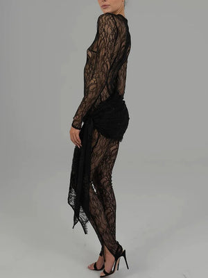 VILZSTUDIOS Black Lace Bandage Jumpsuit Long Sleeve