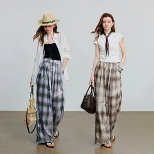 VILZSTUDIOS Plaid Wide Leg Casual Pants