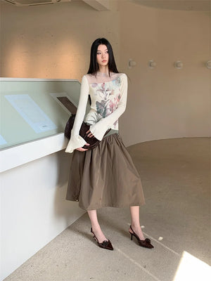 VILZSTUDIOS Floral Knitted Ribbed Long Bell Sleeve Top