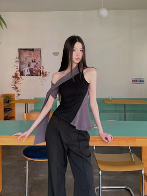 VILZSTUDIOS Black Striped Asymmetrical Blouse