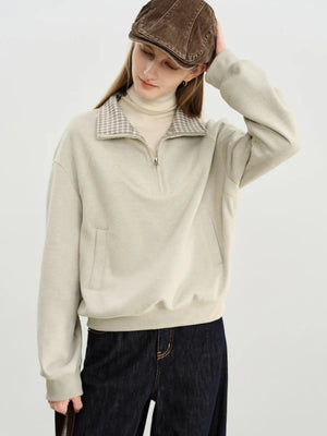 VILZSTUDIOS Cozy Plaid Stand Collar Sweatshirt