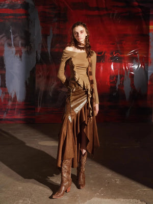 VILZSTUDIOS Luxury Brown Patchwork PU Leather Skirt