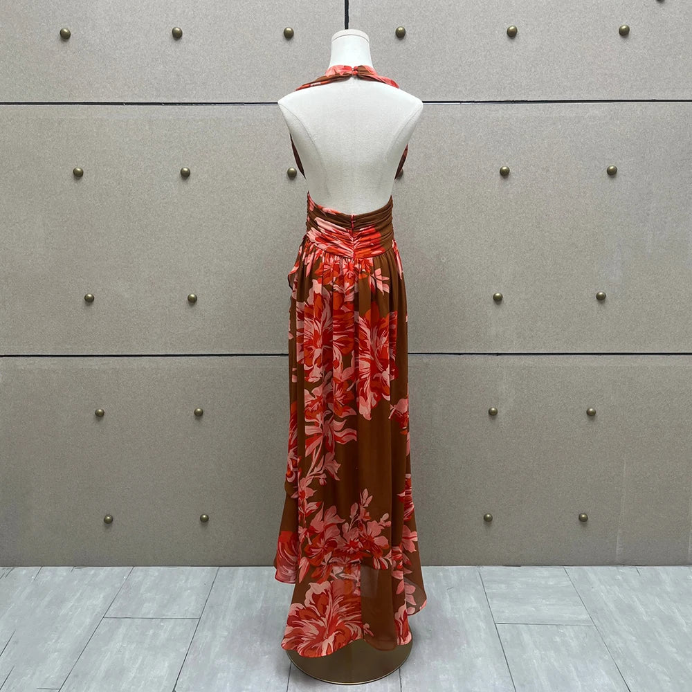 VILZSTUDIOS Floral Printed Backless Slim Fit Dress