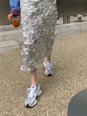 VILZSTUDIOS Silver Metallic Ruched High Skirt