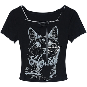 VILZSTUDIOS Chic Cat Print Square Neck Cropped T-Shirt