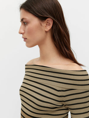 VILZSTUDIOS Off Shoulder Striped Knitted Sweater