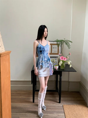 VILZSTUDIOS Blue Ruffles V-Neck Tank Top With Grey Mini Skirt
