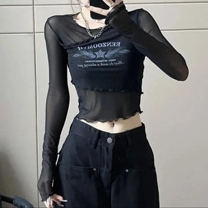VILZSTUDIOS Seductive Mesh Ruffled Crop Top