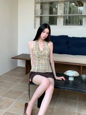 VILZSTUDIOS Yellow Plaid Backless Halter Top