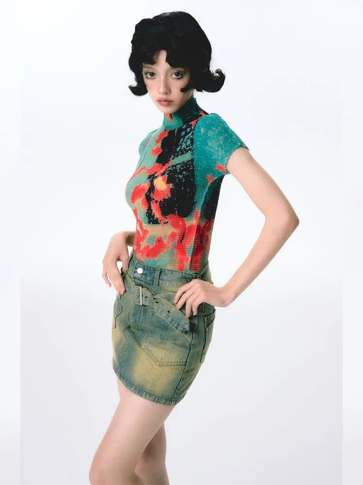 VILZSTUDIOS Goldfish Print Turtleneck Slim T-Shirt
