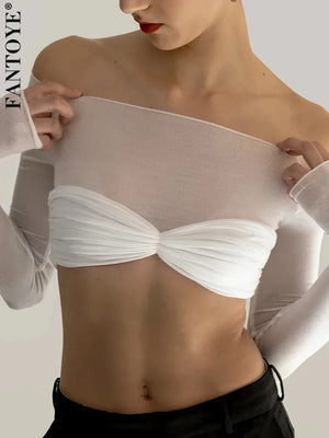 VILZSTUDIOS Sexy Mesh Off Shoulder Ruched T-Shirt