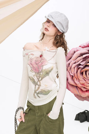VILZSTUDIOS Off Shoulder Rose Print Top