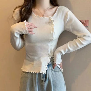 VILZSTUDIOS Irregular Knitted Bow Buttons Sweater