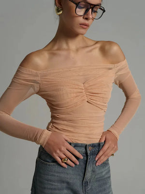 VILZSTUDIOS Elegant Mesh Off Shoulder Pleated T-Shirt