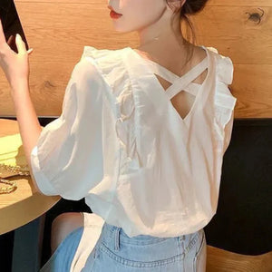 VILZSTUDIOS Versatile Korean V-Neck Solid Short Blouse