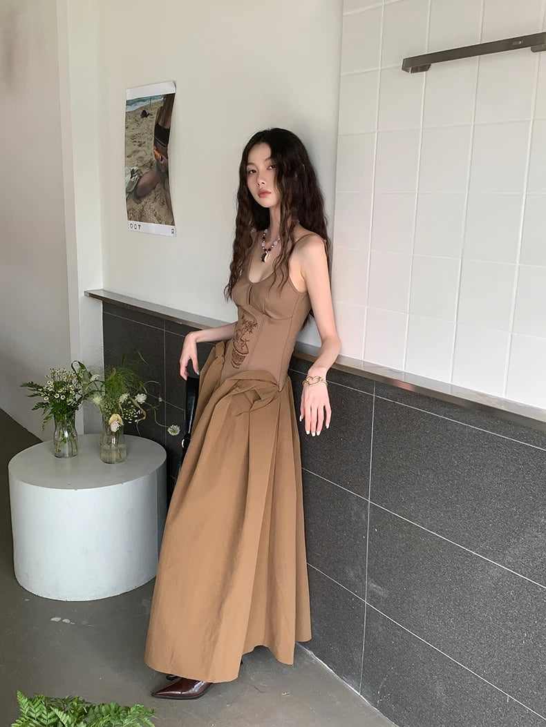 VILZSTUDIOS Brown Embroidered Vintage Maxi Dress Backless