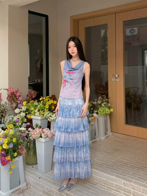 VILZSTUDIOS Gradient Blue Floral Sleeveless Mesh Tank Top