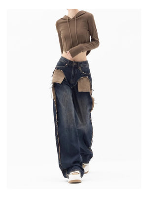 VILZSTUDIOS High Waist Patchwork Wide Leg Jeans