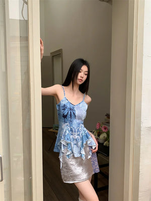 VILZSTUDIOS Blue Ruffles V-Neck Tank Top With Grey Mini Skirt