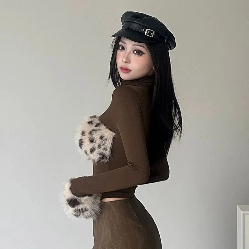 VILZSTUDIOS Leopard Patchwork Slim Fit Turtleneck Top