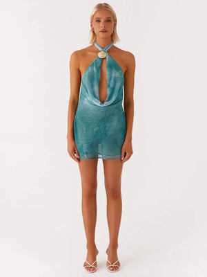 VILZSTUDIOS Sexy Halter Backless Tie Dye Mini Dress